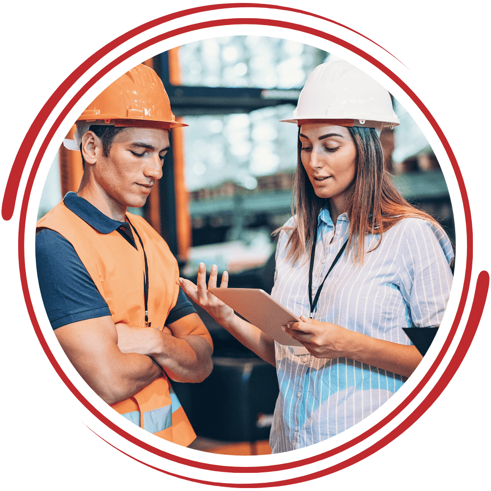 Construction safety inspection with workers reviewing safety protocols.