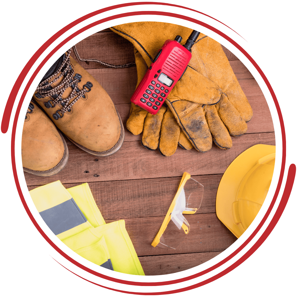 Safety training tools including boots, gloves, radio, helmet, and vest for health and safety complia.