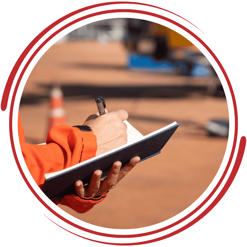 Worker conducting a health and safety audit on-site with clipboard and pen.
